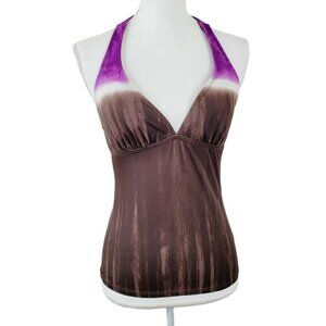 Athleta Sz Small Tankini Top Swim Suit Top Tie-Dye Brown Modest Tie Neck EUC